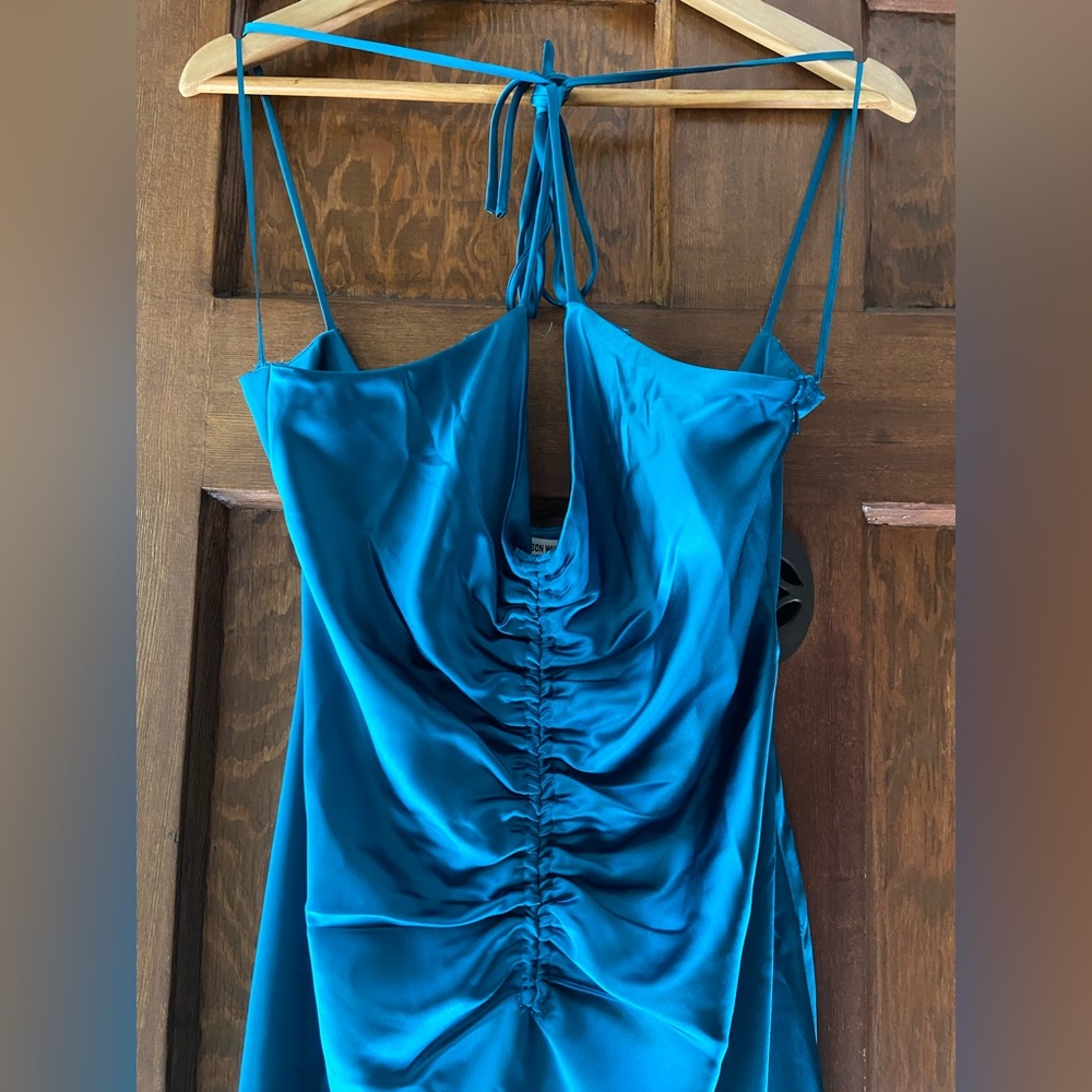 Jasón Wu Teal Blue Ruched Halter Slip Dress.